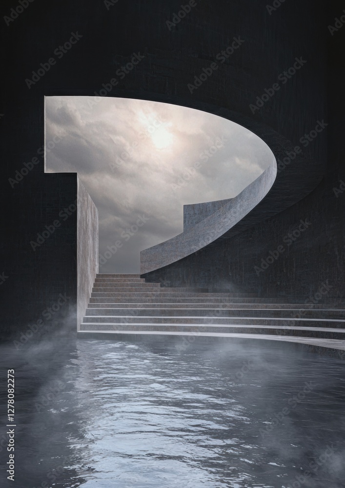 Poster digital art piece that appears to be a 3d rendering of a futuristic staircase. the staircase is made