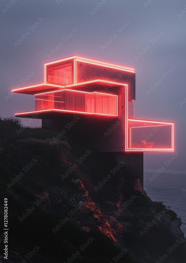 Poster modern house on a cliff overlooking the ocean. the house is made of concrete and has a unique design