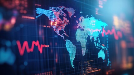 International trade and commerce background featuring a world map, currency exchange rates, and GDP growth.