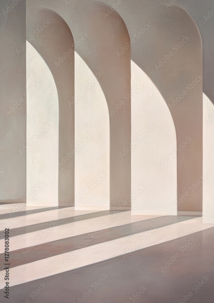 Poster empty room with three arches in the center. the arches are made of white plaster and are arranged in