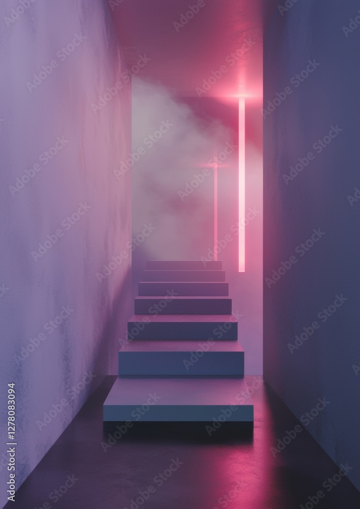 Aufkleber set of stairs in a dark room with a pink and purple gradient background. the stairs are made of conc