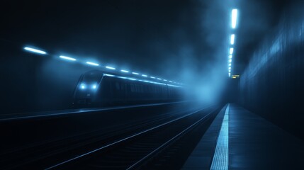 Mysterious Train Approaching in a Dimly Lit Underground Station with Fog and Blue light
