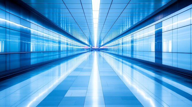 Futuristic corridor with blue lighting and reflective surfaces, conveying a sense of motion