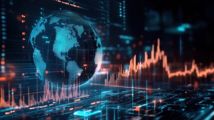 Investment and economics theme with a digital globe, business analytics, and futuristic financial graphs.
