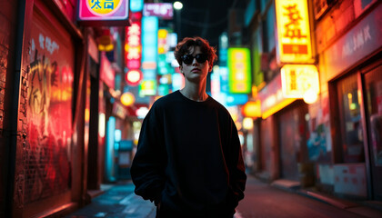 Fototapeta premium Urban Symphony: A Male Model in a Tokyo Neon Alleyway