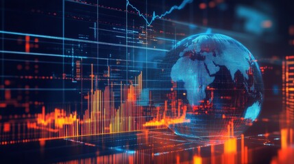 Investment and economics theme with a digital globe, business analytics, and futuristic financial graphs.