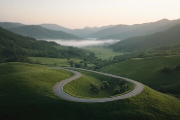 Obraz premium Winding road meanders through lush green hills, revealing stunni