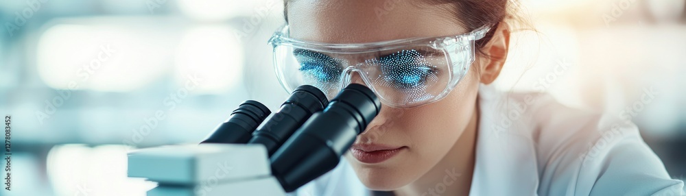 Poster focused scientist examining samples under a microscope.