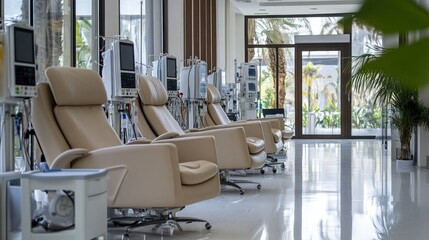 Modern Medical Center: Beige Recliners and Advanced Dialysis Equipment in Bright Room