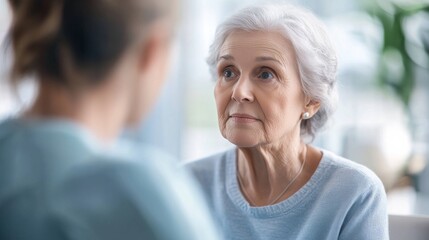 Elder abuse awareness discussed by a social worker and senior in a cozy room. Featuring protection and trust