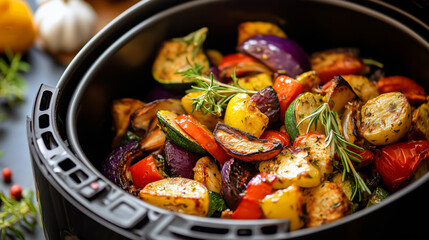 Colorful, roasted vegetables grilled in air fryer close up, healthy eating concept