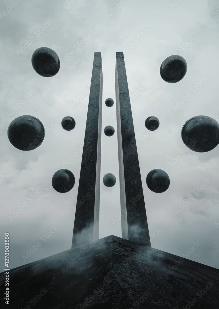 Poster digital art piece that appears to be a photograph of a tall, cylindrical structure with multiple lev