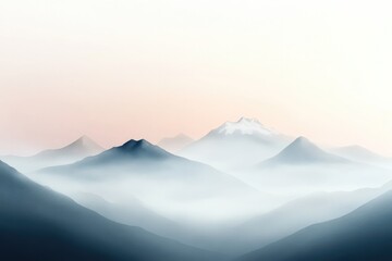 Soft pastel hues blend into misty mountain silhouettes, evoking