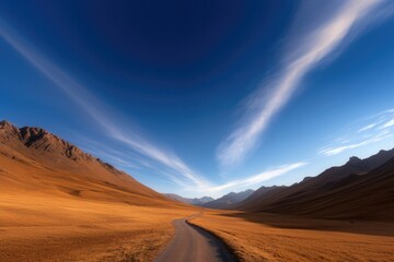 Endless road stretches through vast desert landscape beneath vib