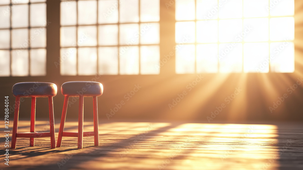 Poster sunlight streams through large windows, illuminating two wooden stools in spacious room