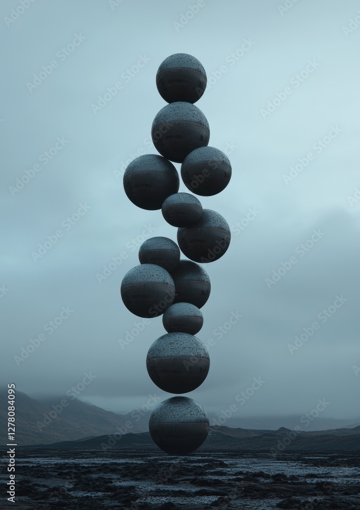 Poster Tall, cylindrical structure made up of multiple spheres arranged in a vertical line. the spheres are of different sizes and shapes, with the largest sphere at the bottom and the smallest at the top.