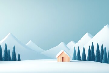 Cozy cabin nestled in serene snowy landscape surrounded by majes