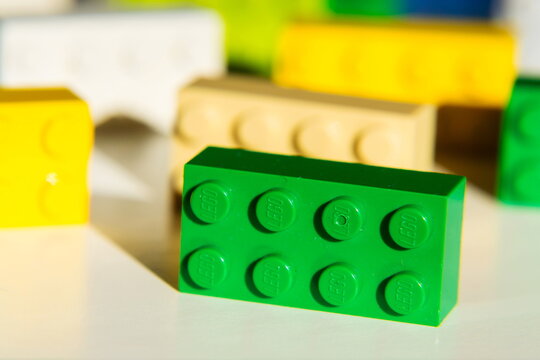 PRAGUE, CZECH REPUBLIC - JANUARY 31: Colorful Lego bricks by The Lego Group isolated on white background on January 31, 2018 in Prague, Czech Republic.