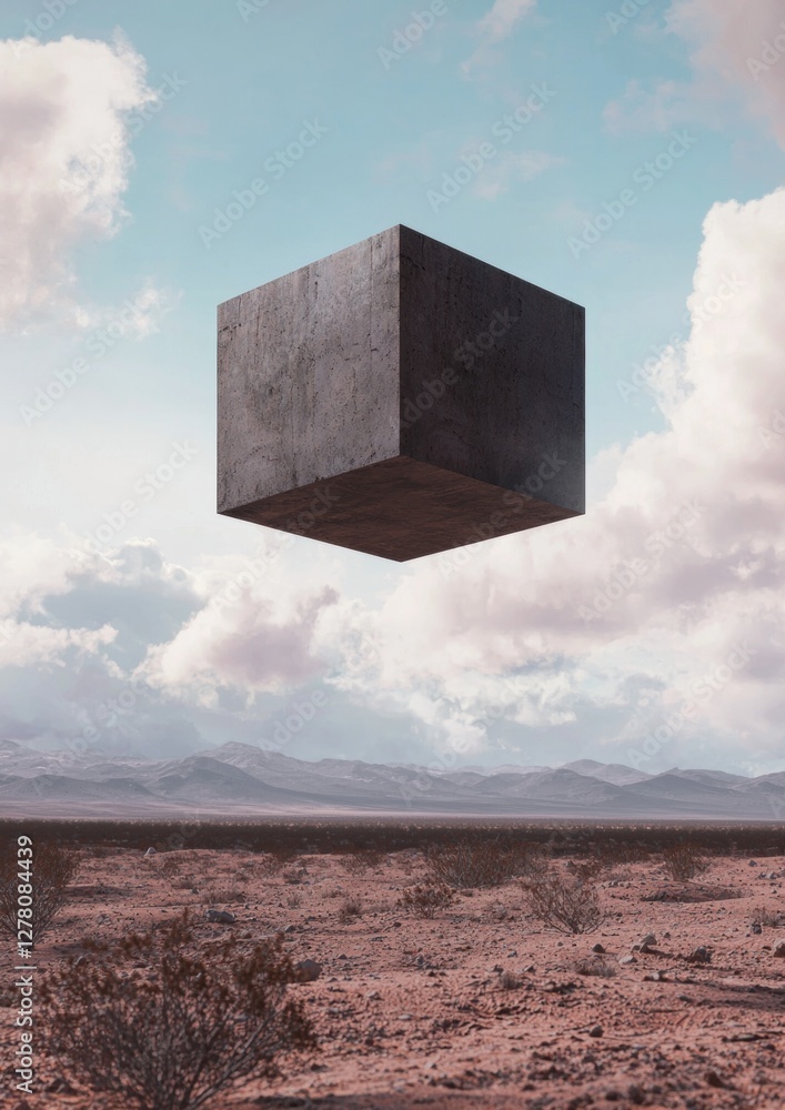 Poster large, square-shaped object floating in the air over a barren landscape. the object appears to be ma