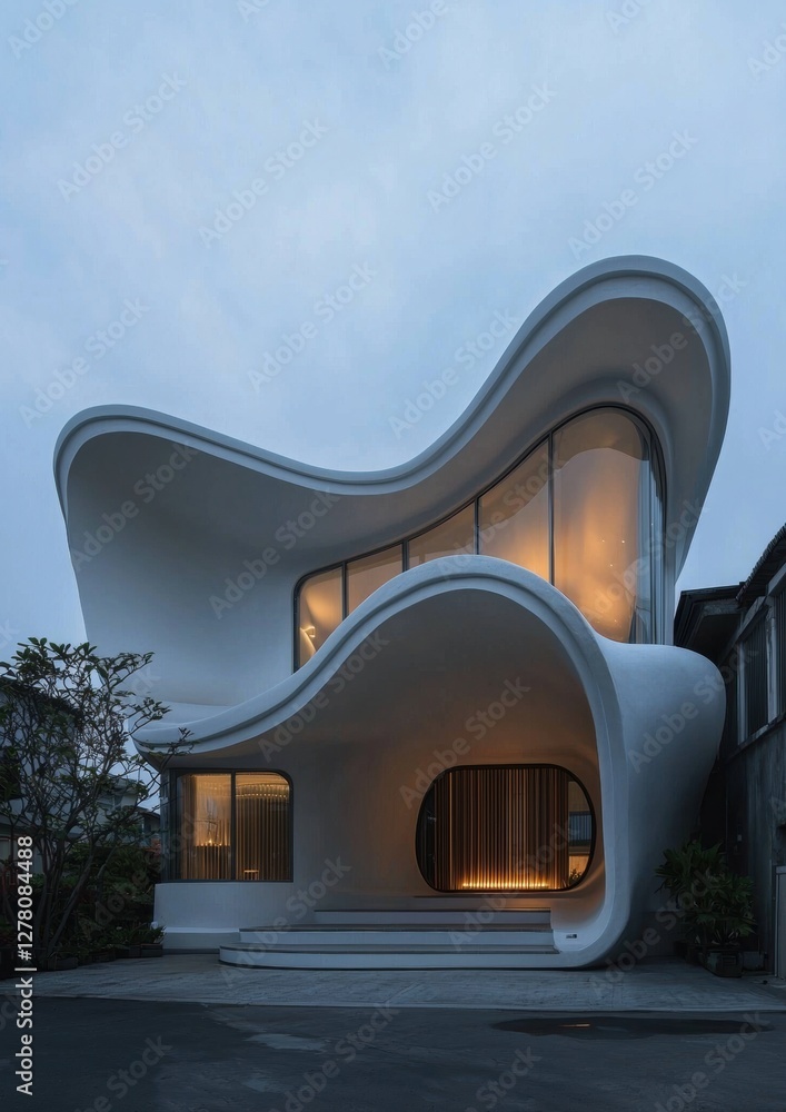 Poster photograph of a modern building with a unique architectural design. the building is a two-story stru