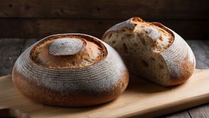 Rustic loaves of artisanal bread, including sourdough and sliced varieties, showcasing crusty and soft textures on a wooden board, evoking homely and traditional baking charm