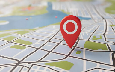 Red map pin location marker on city street map for navigation and travel destination planning concept