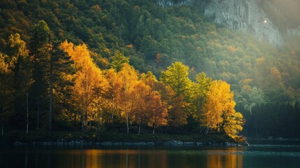 Sunrise over a lake with colorful trees and mist