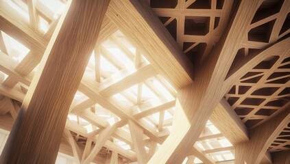 Fototapeta premium Intricate wooden structure, interior, daylight, architectural design