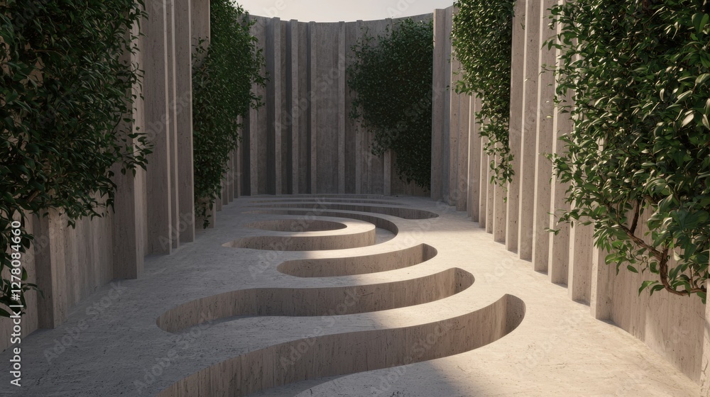 Poster long, narrow pathway made of concrete. the pathway is lined with vertical columns on both sides, cre