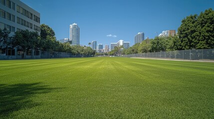 A flat large empty grass lot with mid-rises surrounding, sunny day.