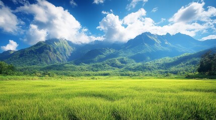 Lush green rice fields under a bright blue sky with majestic mountains in the background
