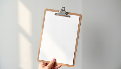 A hand-held clipboard paper mockup displayed in natural lighting against a plain white background. Ideal for presenting creative designs, business stationery, or educational materials.