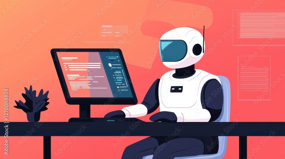 Poster futuristic robot working on a computer, symbolizing innovation.