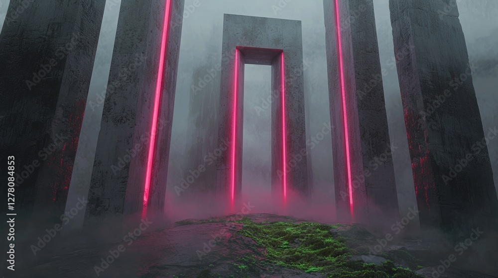 Poster dark and eerie scene with a large archway in the center. the archway is made of concrete and is surr