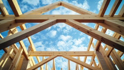 Obraz premium Roof Framing Under Construction, Sunny Sky