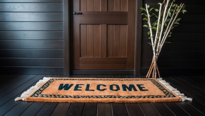 A warm welcome is extended with a vibrant doormat placed in front of a wooden door. The adjoining decorative birch branches enhance the inviting atmosphere, suitable for homes or commercial spaces