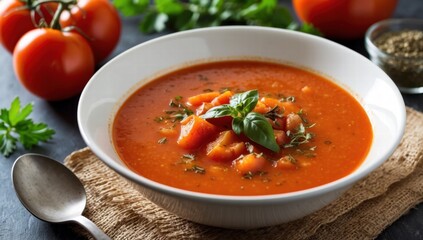 A bowl of creamy tomato soup garnished with fresh herbs, surrounded by ripe tomatoes and greens on a rustic surface, offering an appetizing view of a healthy, homemade meal