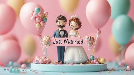 Adorable Newlywed Couple Figurine with Balloons and Cake