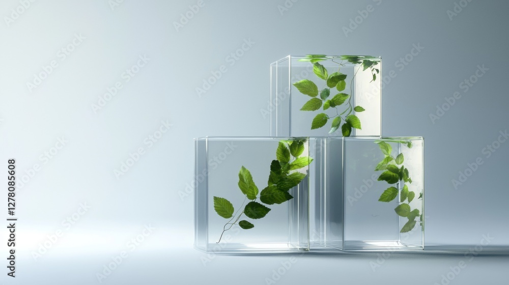 Poster three square glass vases with green leaves inside them. the vases are arranged in a triangular forma