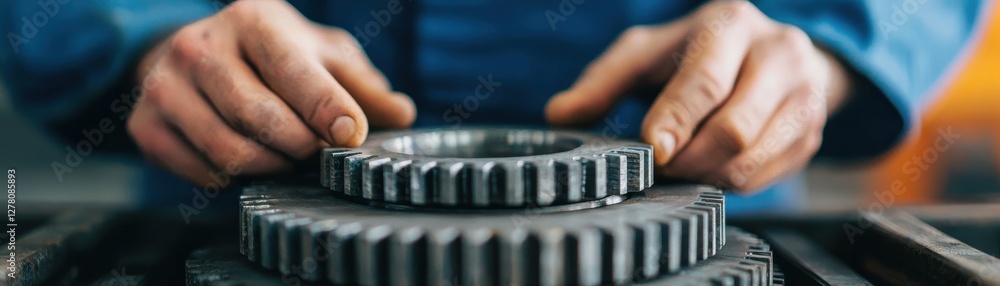 Poster mechanic assembling gears in a workshop for machine maintenance.