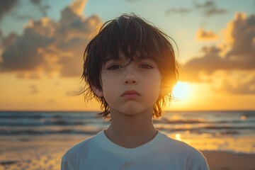 Boy standing on the beach during sunset with a calm expression and warm sunlight illuminating his face