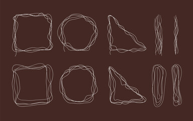 Geometric shapes Hand drawn curvy lines. Isolated wavy white line figure graphic elements. Place for text. Vector scribble Circle, square, triangle, wave line for creativity imprint.