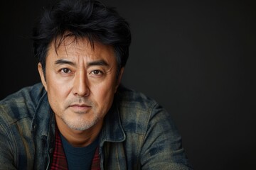 Fototapeta premium Portrait of a middle-aged man with dark hair, wearing a plaid shirt, posed against a dark background, exuding confidence and calm