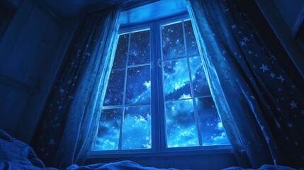 Obraz premium A dreamy night scene of a window revealing a starry sky and cosmic elements.