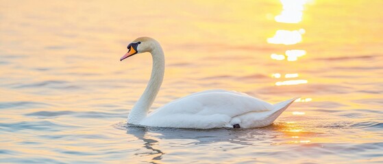 Graceful Swan Gliding on Tranquil Water during Golden Sunset