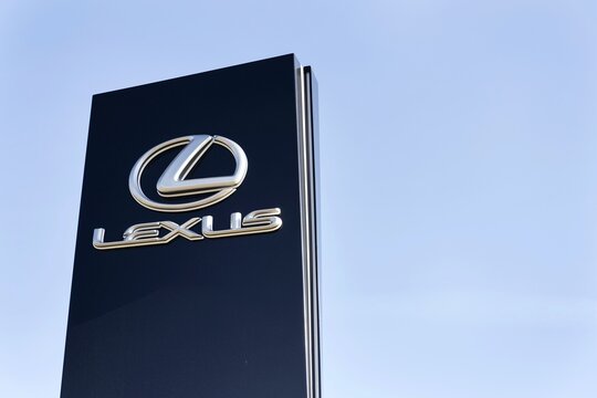 Lexus car logo in front of dealership building on February 25, 2017 in Prague, Czech republic.