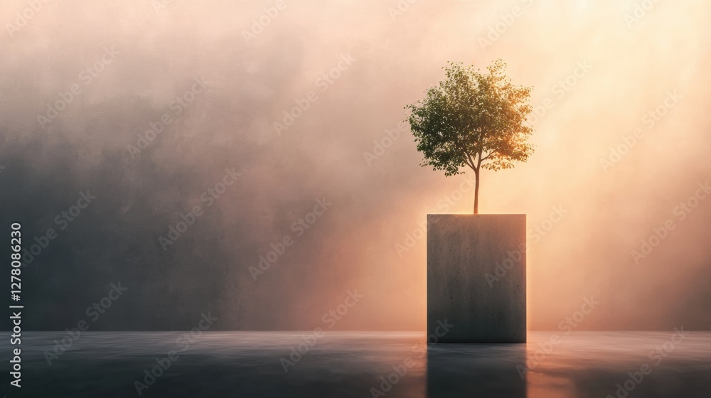 Poster small tree growing out of a concrete block in the middle of a vast, empty space. the tree is tall an