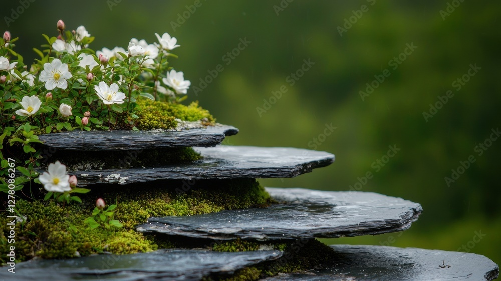 Poster close-up of a small waterfall cascading down a rocky cliff. the waterfall is made up of multiple lay