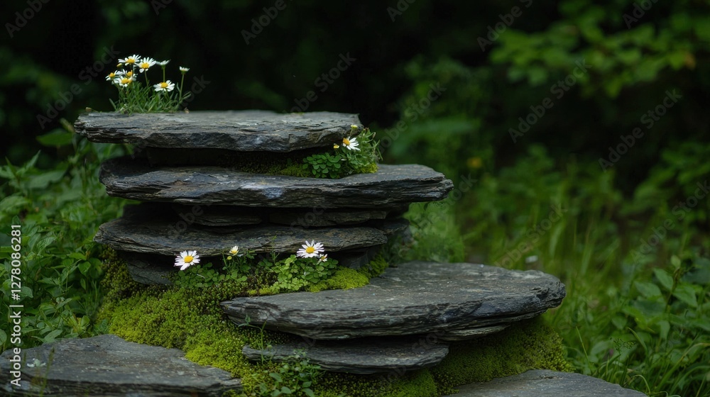 Poster stack of rocks in a garden. the rocks are arranged in a pyramid-like structure, with the topmost roc