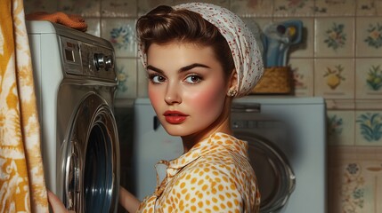 A woman doing laundry in a retro styled laundry room